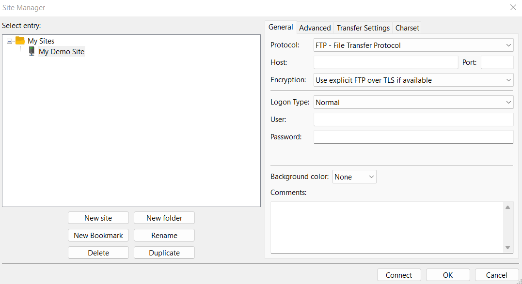 manage wordpress files with filezilla-Site Manager